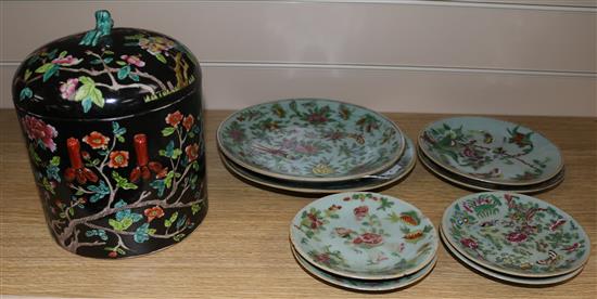 Eight Canton polychrome-decorated celadon ground dishes and a similar black ground cylindrical jar and cover (faults)
